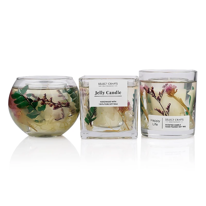 Wholesale Luxury Custom Christmas Decoration Double Glass Jar Scented Jelly Gel Soy Wax Candle with Dried Flowers Active Use