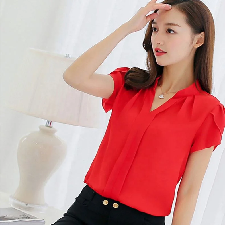 Womens Shirt Chiffon Blouse Tops Short Sleeve Elegant Ladies Formal Office Blouse Plus Size Women Tops Blouses