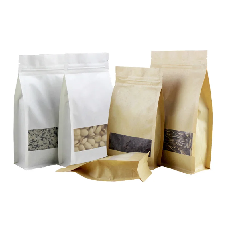 
In Stock 16x26cm White Package Zip Zipper Foil Lined Brown Beans Packaging 8 Side Seal Flat Bottom Paper Kraft Bag With Window 