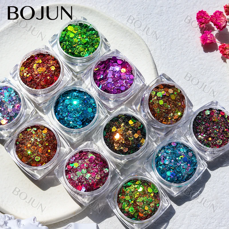 Big Discount nail glitter acrylic powder chunky hexagonal mixed glitter for nail art solvent resistance chameleon glitter