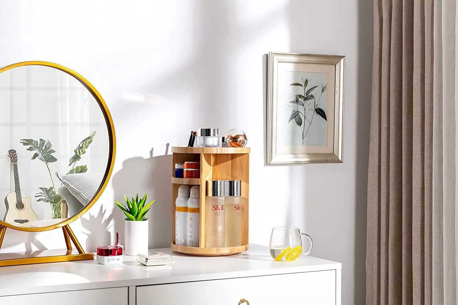 Multi-Function Storage 360 Degree Bamboo Cosmetic Jewelry Display 3 layer Desk Makeup Rotating Wooden Bathroom Organizer