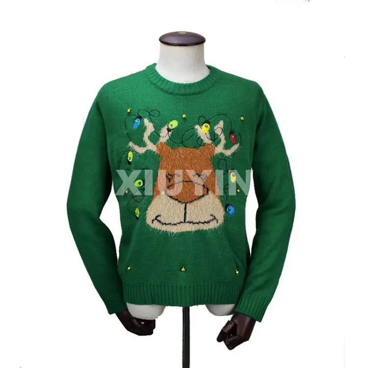Led lights Ugly Christmas knit sweater  sequin embroidery Jacquard and winter   pullover with decorations of pompom , fur