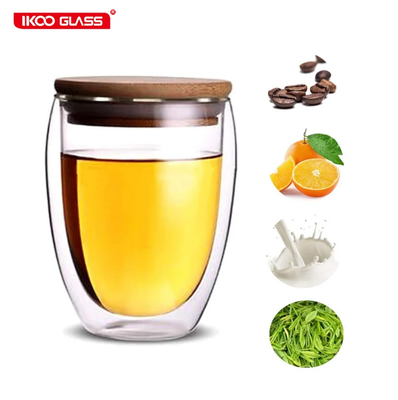 Clear double wall coffee cups high borosilicate glass cup with bamboo lid