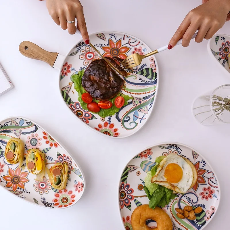 High quality ceramic tray serving plat wooden handle Fine bone china serving tray with hand paint flower