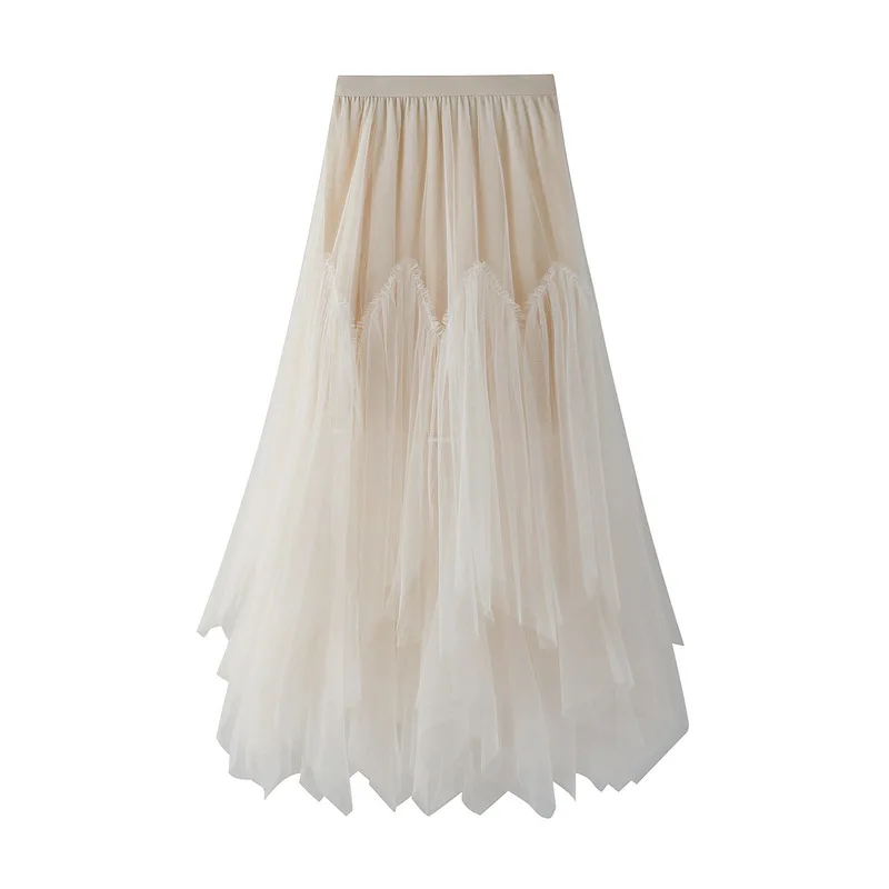 2024 Women Long Tulle Skirts Ladies High Waist Ankle-Length Tutu Maxi Skirts Beige Green Female irregular dress Femme