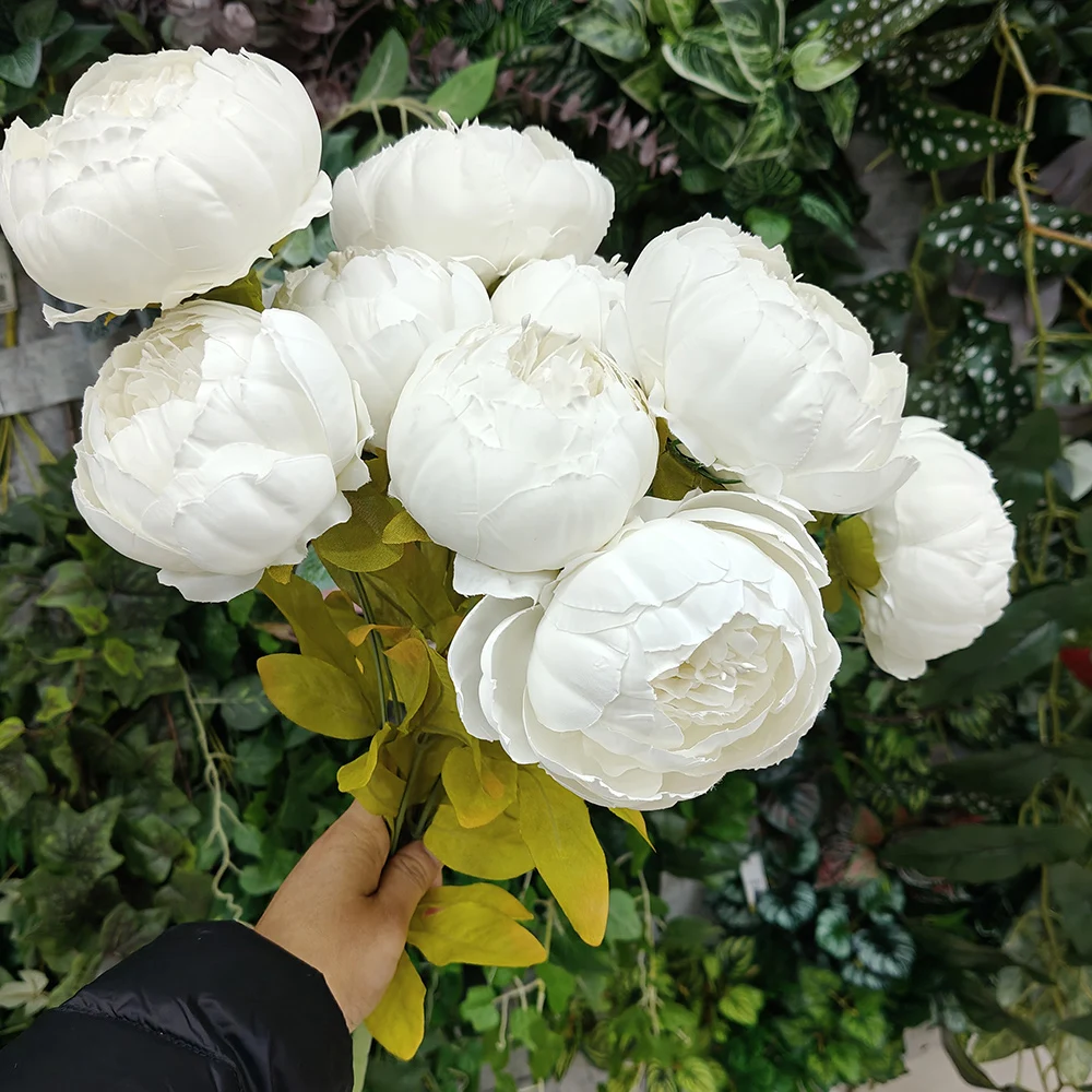 LO-004 Wholesale Bulk Wedding Florals Black Red Faux Bugan Peony 3D Fabric Peony 10 Heads Silk Artificial Bouquet Peony Flower