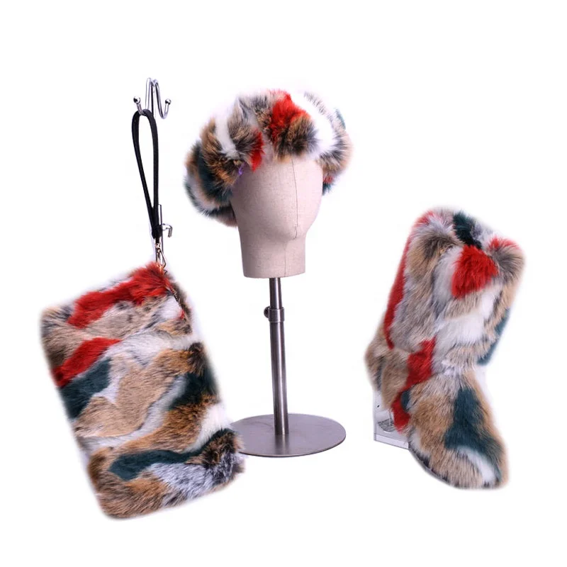 
Factory Wholesale Winter Fashionable Rainbow Women Kids Furry Boots Shoes Faux Fluffy Fur Snow Boots Sets 