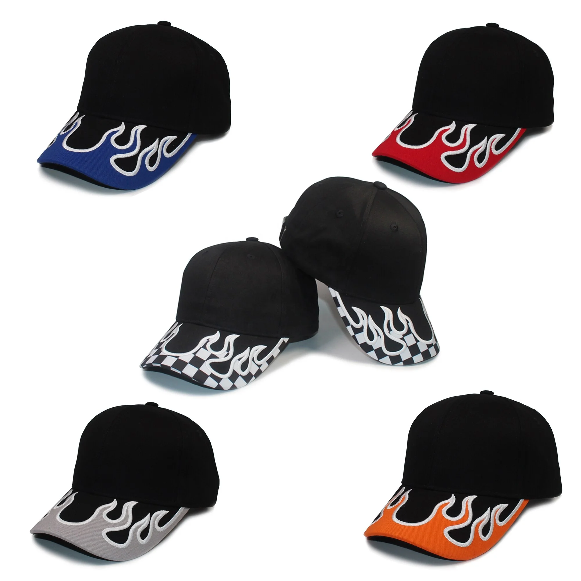 Wholesale Custom Logo Structured Cotton Baseball Cap Flame Design 6 Panel Embroidery Gorras Sports Dad Hat