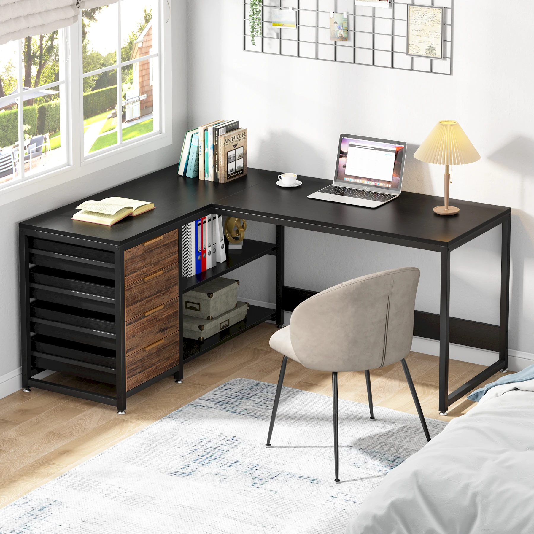 Tribesigns L Shaped Computer Desk with Storage Drawers, 59 Inch Corner Desk with Shelves