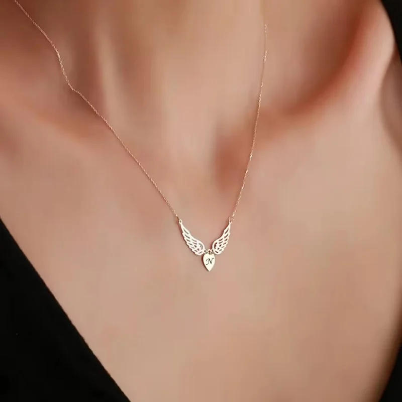 Duoying Fashion Initial Letter Pendant Necklace Stainless Steel Heart Wing Choker Necklace for Woman