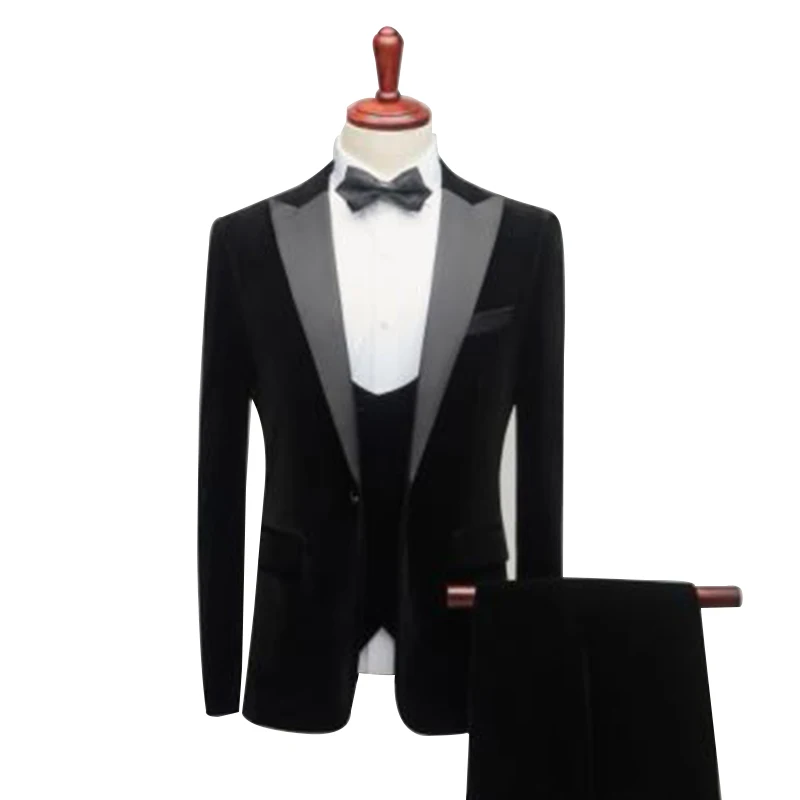 Горячая мода Slim Fit пиджак классического черного цвета комплект одежды из 3 предметов торжественный Свадебный лацкан с тупым углом на свадьбу выпускной Terno мужской костюм