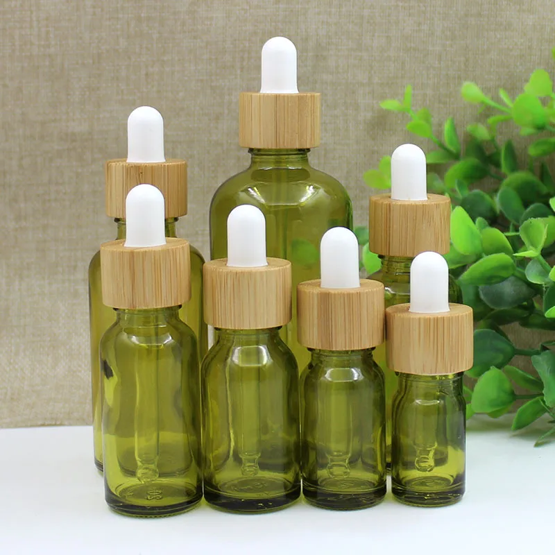 5-100ml Olive Green Essential Oil Dispenser Glass Bottle Cosmetic Beauty & Skincare Bamboo Ring Dropper Bottles with Rubber Tip