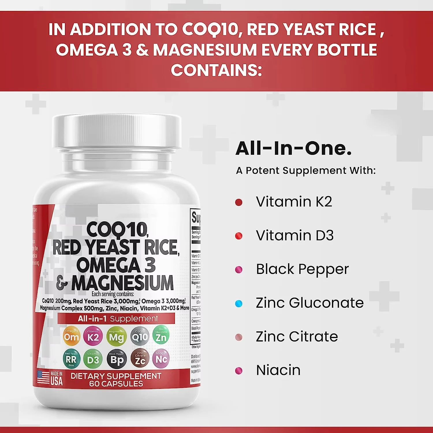 COQ10 Capsules Red Yeast Rice Omega 3 Magnesium Niacin Vitamin K2 D3-Herbal Supplements Adult Heart Health Support Anti-Aging