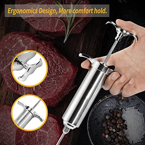 Amazon Hot Sale  2oz Heavy duty 304 Stainless Steel Meat Marinade Injector with 3Needles Turkey meat seasoning Injector Syringe