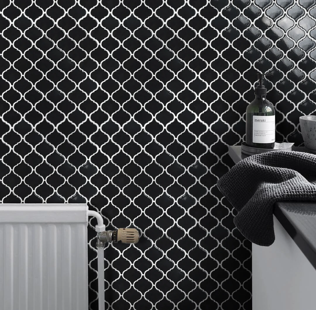 Arabesque Mosaic Tile Black Crystal Glazed Surface Lantern Shape Mosaic Ceramic Tile