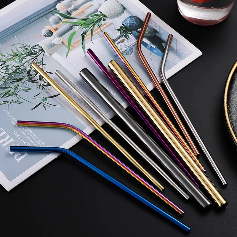 LIHONG 304 Stainless Steel Straw Thin Tube/Thick Tube/Bend Tube Metal Titanium Plated Restaurant Bar Party Straws Reusable