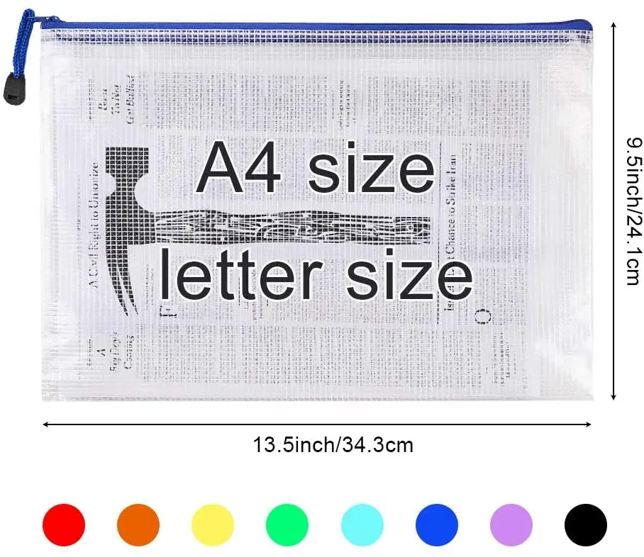 Mesh Zipper Pouch Document Bag Plastic Zip File Folders Letter Size A4 Size for School