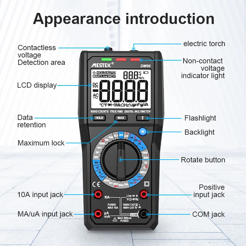 DM96 Digital Multimeter Small Pocket Counts AC/DC Volt Amp Ohm Diode Continuity Tester Ammeter Voltmeter Multimeter