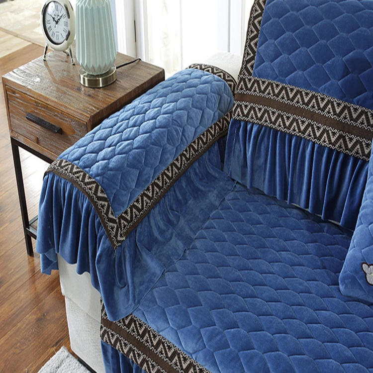 Hot Selling Luxury Good Price Geometric Polyester Sofa Cover Design L Shaped Chenille Blue Sectional Sofa Cover