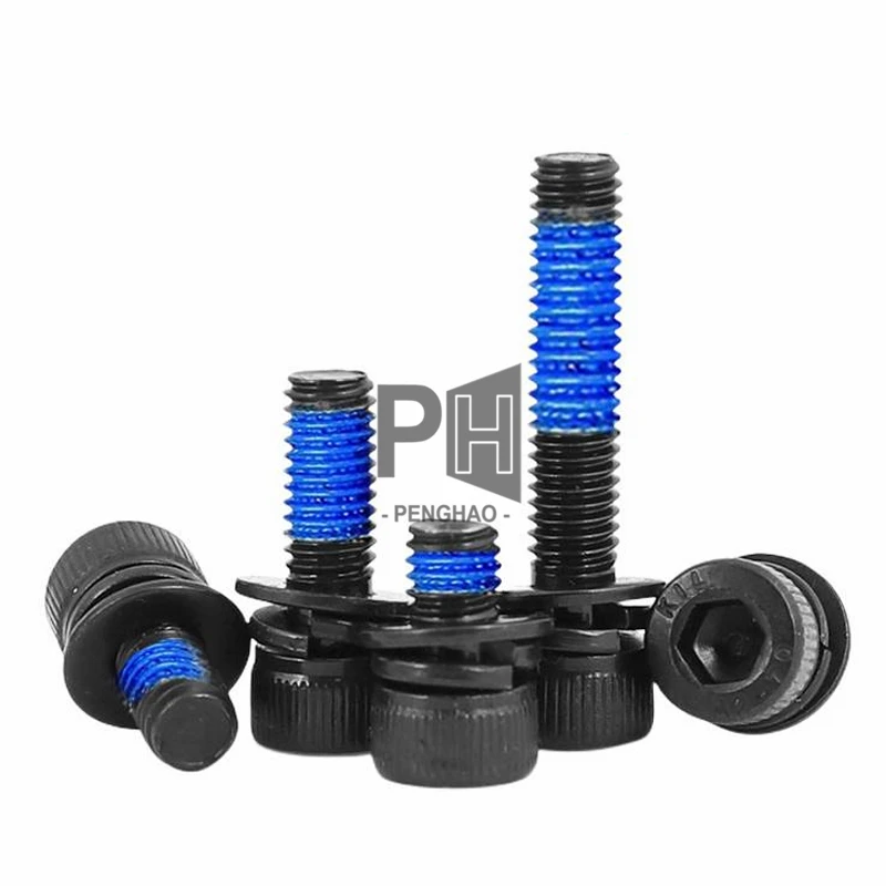 12.9 Grade Steel M3-M5 Black Three-Combination Adhesive Anti-Loose Hex Socket Cup Head Screws Washer Nylock Screw Bolts