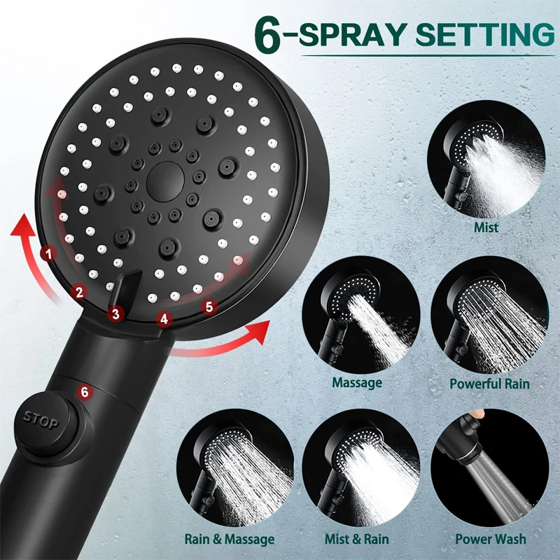6 Mode Adjustable Water Saving Bathroom Accessories Hand Shower Pressurized Shower Head Handheld Shower