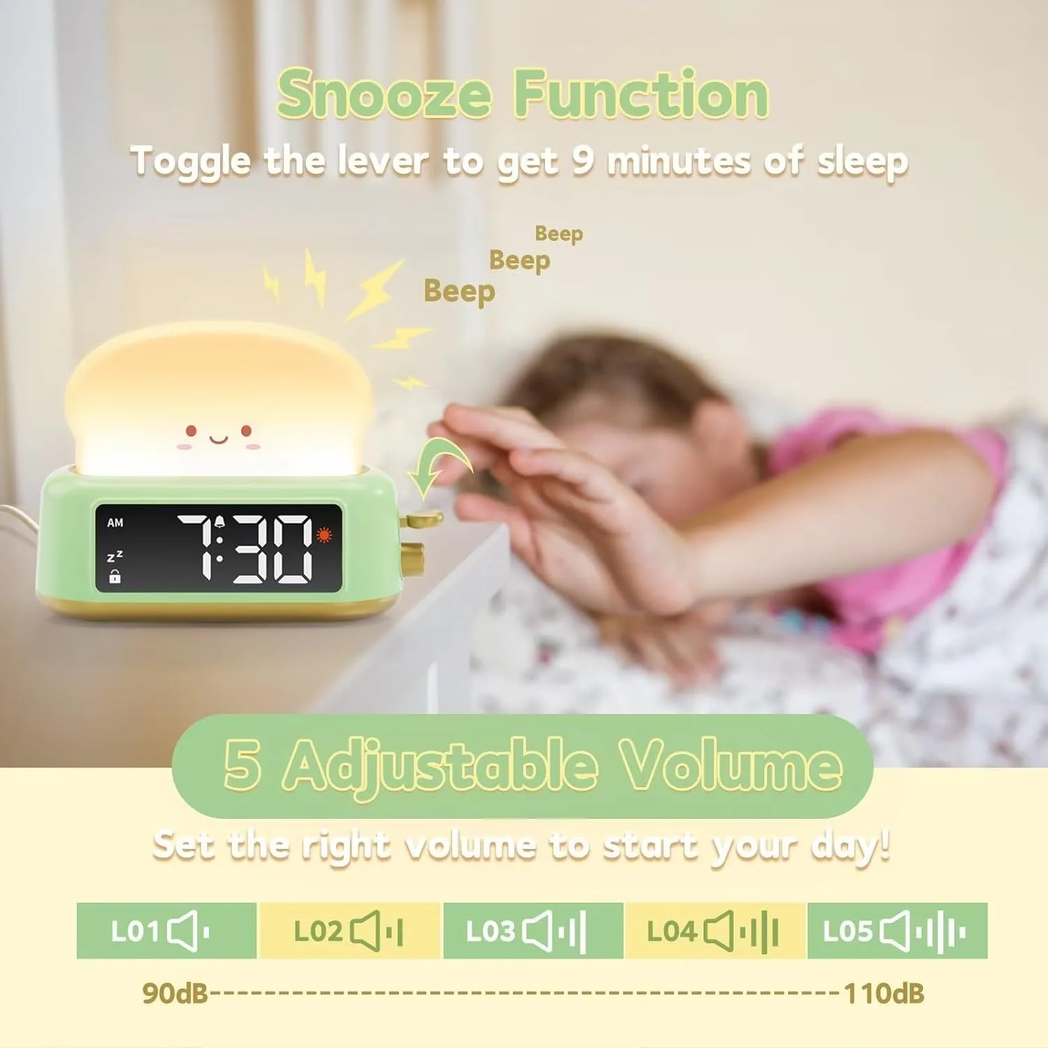Bedside Clock with Toast Lamp 5 Alarm Tones Toast Night Light Alarm Clock Battery Operated Alarm Clock for Kids
