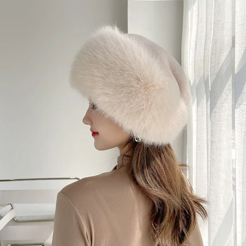 High Quality Fashion Lady warm outdoor Beret Cap European British Stylish Winter Women Rabbit Faux Fur Beret Hat