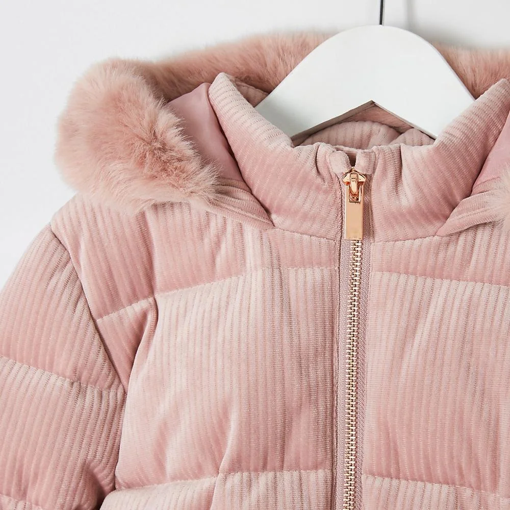 Baby girls pink cord padded coat with detachable faux fur trim hood kids winter thick warm jacket