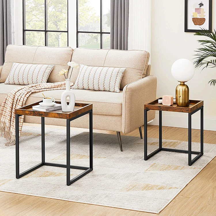 Vekin Living Room Furniture Set of 2 Side Tables Industrial Rustic Brown Nesting Tables Coffee Table Set with Raised Edges