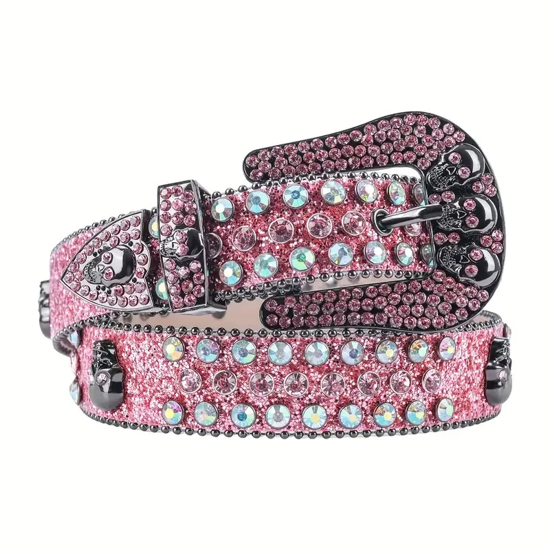 Custom Bling Bling Studded Diamond Belt Men White Western Cowboy Belts Pink Shiny Crystal Punk Style Rhinestone Skull Belts