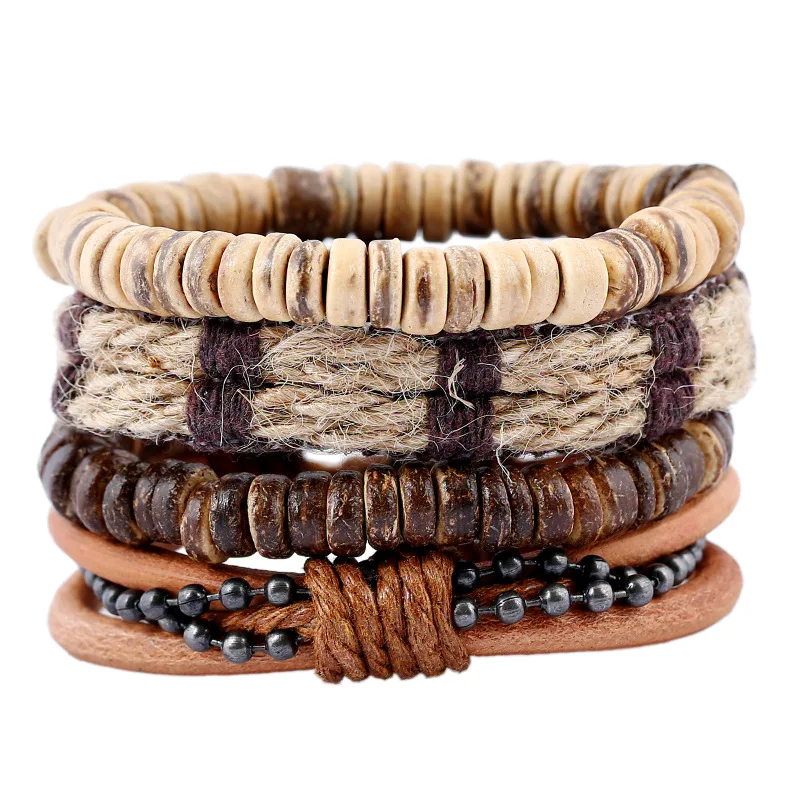 4Pcs Coconut Shell Beads  Rope Leather Stack Bracelet Set Punk Beach  Bracelet Women Men Wedding Party Gift