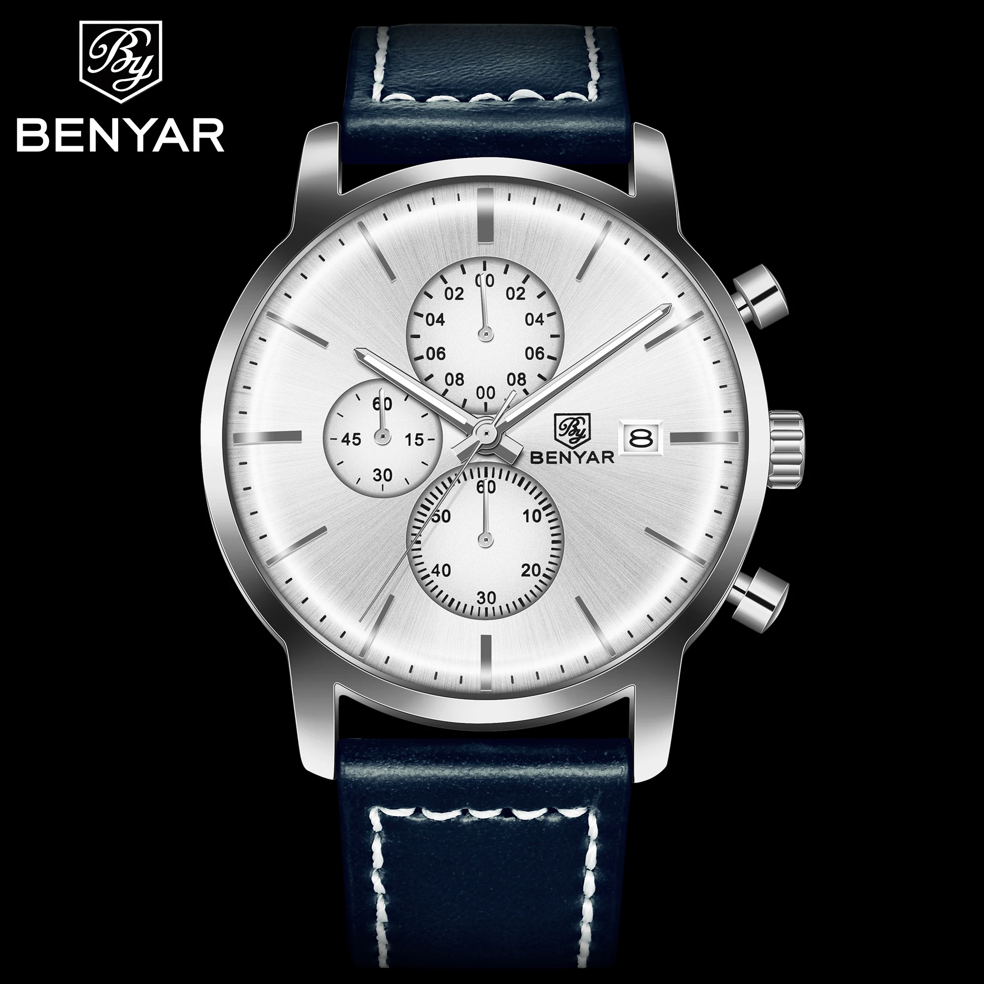 
Benyar 5146 leather strap watches analog watches for men stainless steel back genuine leather quartz watch 