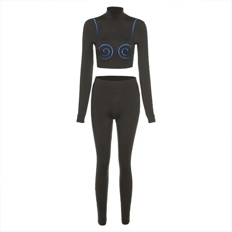 
Printed Embroidered Top Tight Hip Sweatpants Set two piece set 