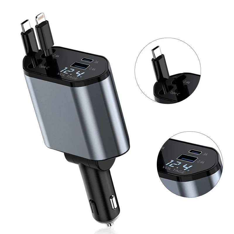 2024 new  4 in 1 chargers car retractable cables and PD usb c port 12v fast charging 60w 100W 120W car charger for iPhone