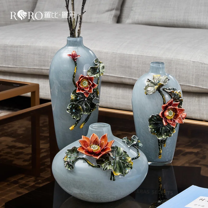 RORO home decor modern luxury table decoration light blue enamel painting flower colored glass vase for hotel home restaurant