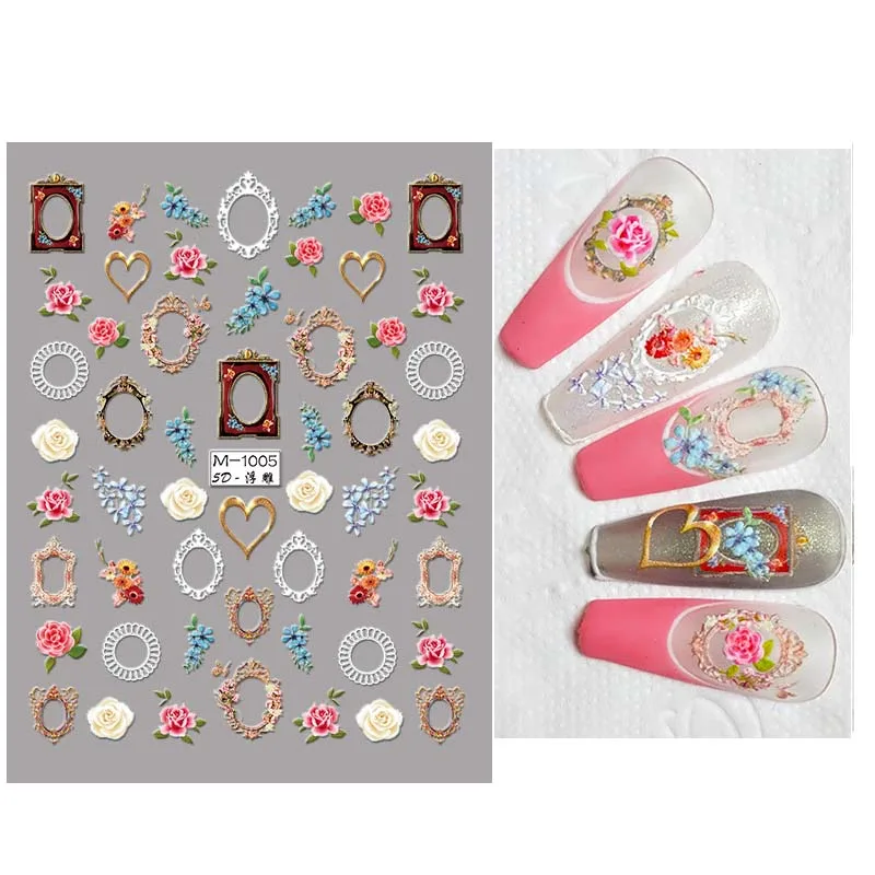 Flower Nail Art Stickers Decals 5D Floral Daisy Acrylic Embossed Nail Decals Daisy Butterfly Leaf Spring Nail for Manicure Decor