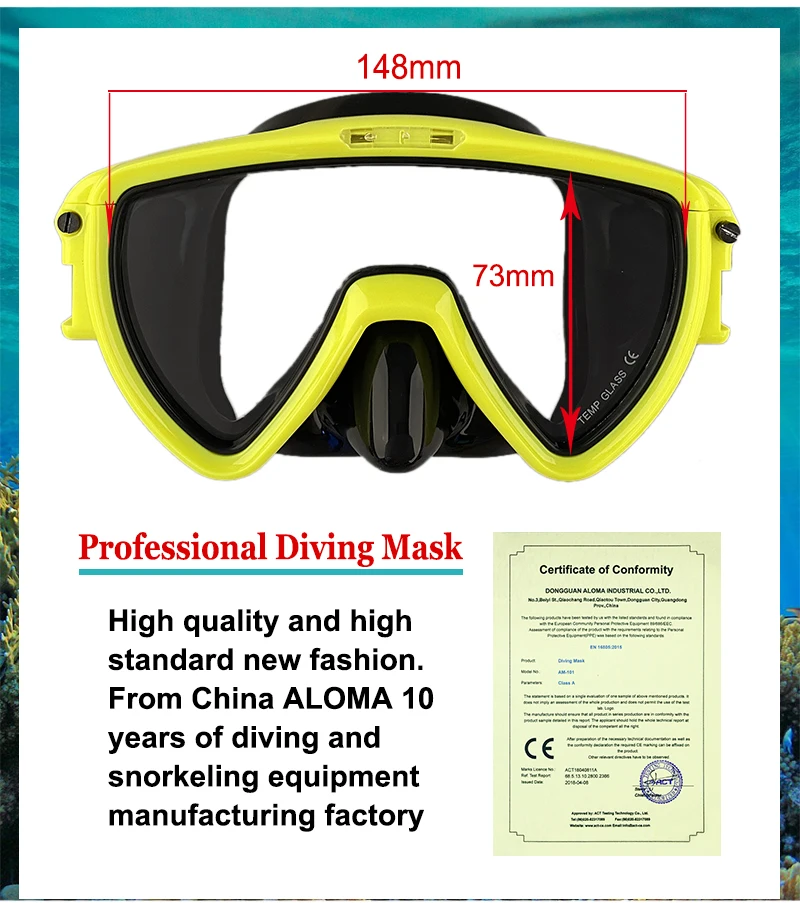 Aloma 2024 New Design Anti Fog Single Lens Diving Goggles Freediving Gear Low Volume Scuba Diving Masks with Diving Light