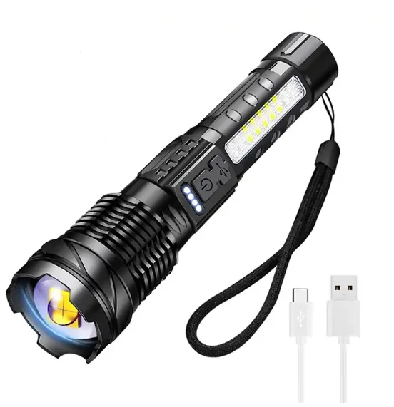 1000 Lumens Zoom Focus Super Bright Rechargeable Flashlight Side LED Power Display