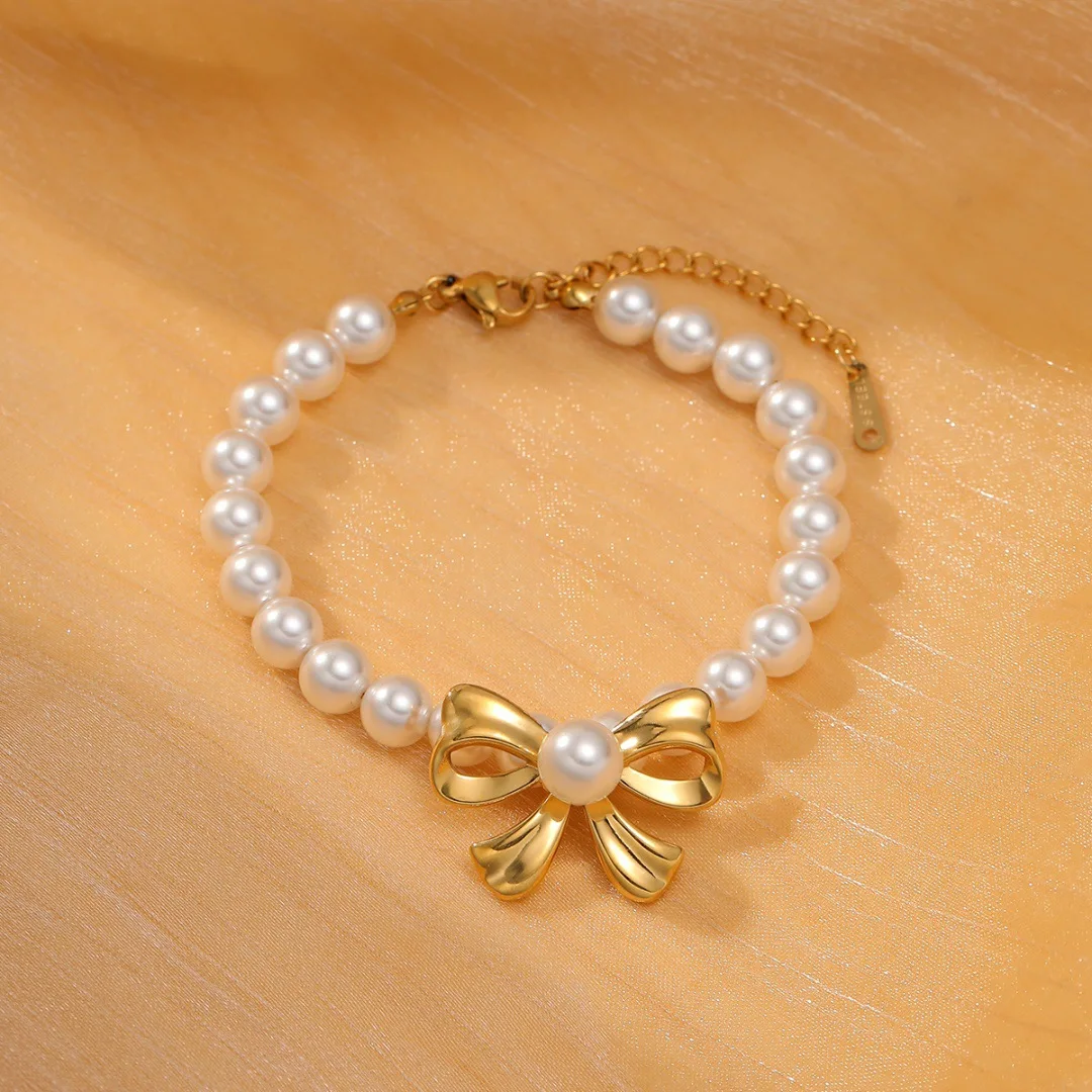 French New Elegant Stainless Steel Bow knot Freshwater Pearl Bracelet 18K Gold Plated Non Tarnish Waterproof Jewelry Gift