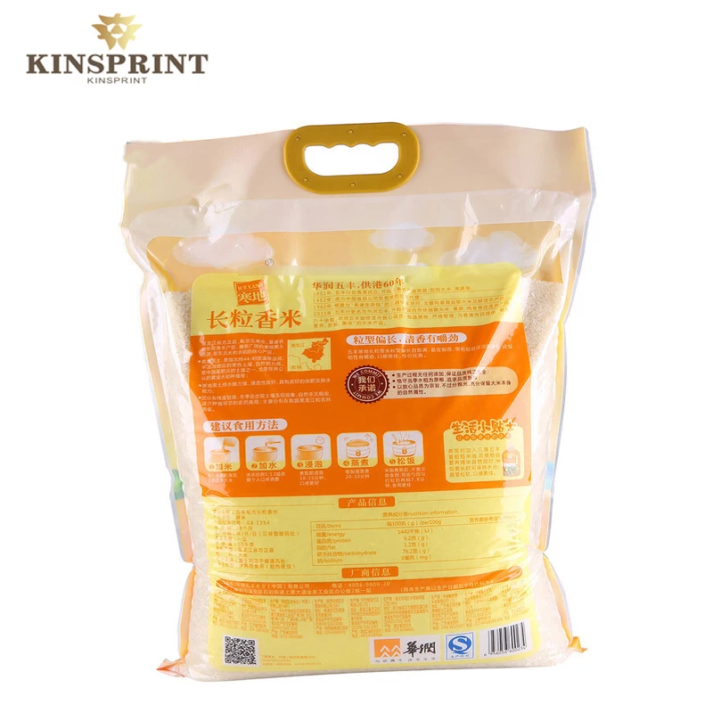 tui nhua Custom printing plastic basmati rice 5kg bag with handle, four side sealed Bag for Rice