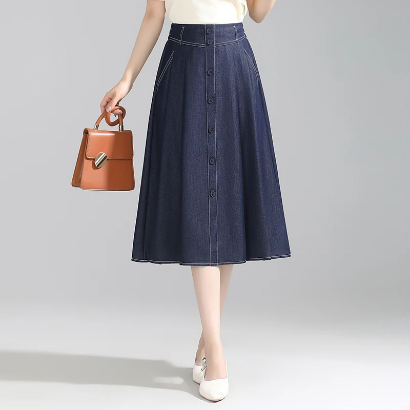 Simple loose high waist A-line single-breasted skirt women 2024 summer new denim skirt