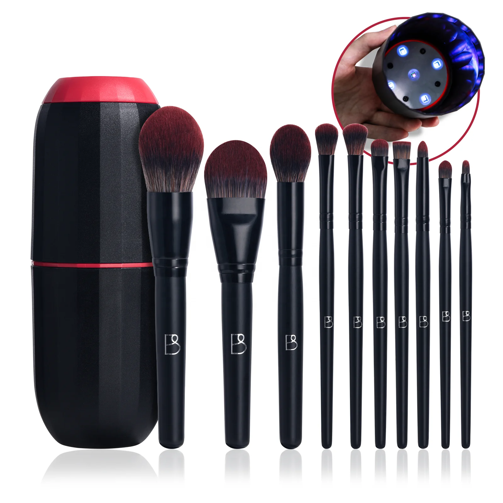 BS-MALL 10PCS Quality Makeup Brushes Private Label Set Vegan Synthetic Fiber Makeup Brushes with Brushes Cleaner Machine