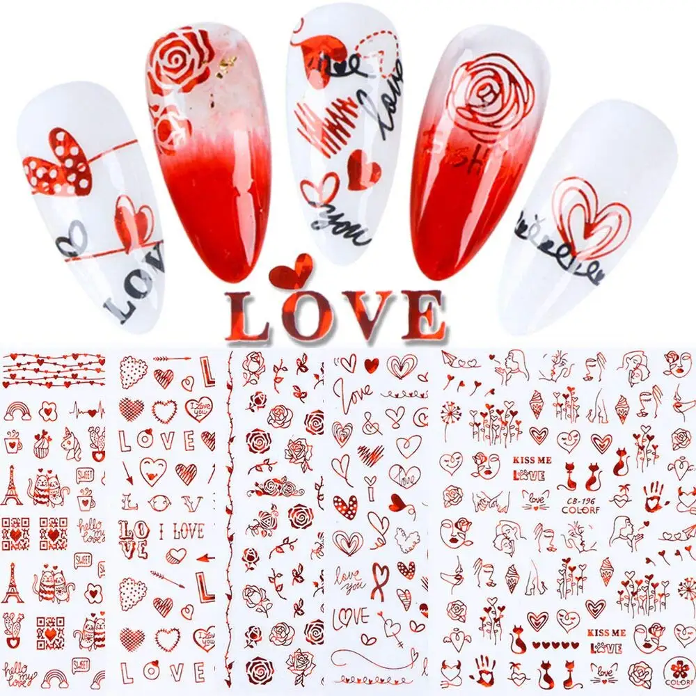 Private Label DIY Nail Art Decoration 3D Self-Adhesive Water Decals Embossed Custom Semicured Gel Valentines Day Nail Sticker