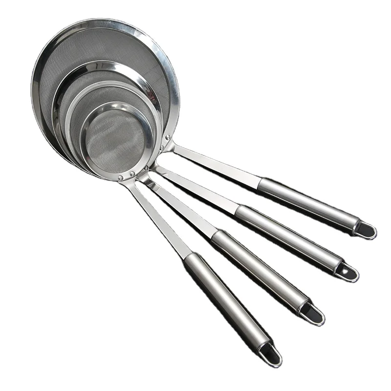 304 Stainless Steel Round Fine Mesh Strainers with Wooden Handle Kitchen Cooking Tool Strainer Set Oil Skimming Filter