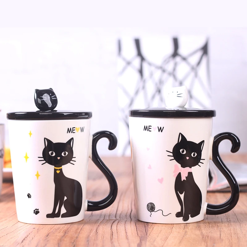 Factory Wholesale Creative Cartoon Cat Tail Handle Milk Ceramic Cup Animal Advertising Promotion Mug With Lid
