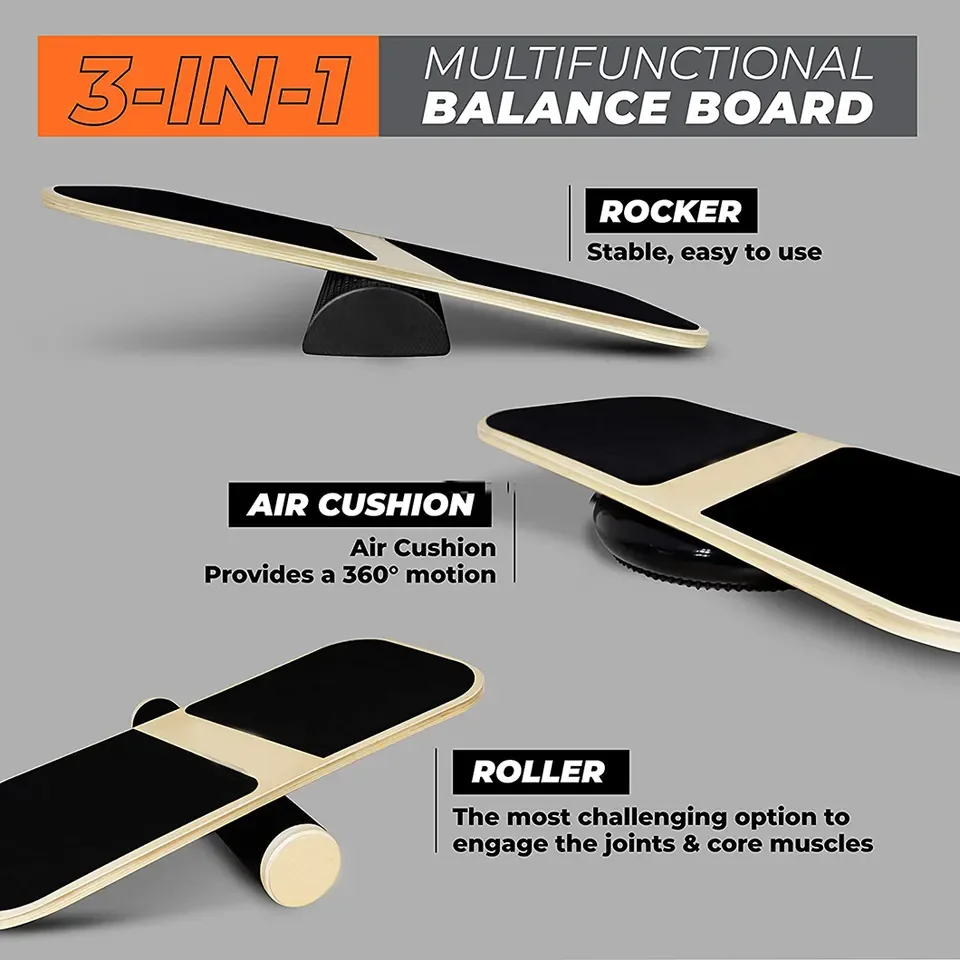 Wooden Balancing Board to Exercise and Build Stability, Wobble Board for Skateboard, Hockey, Snowboard & Surf Training