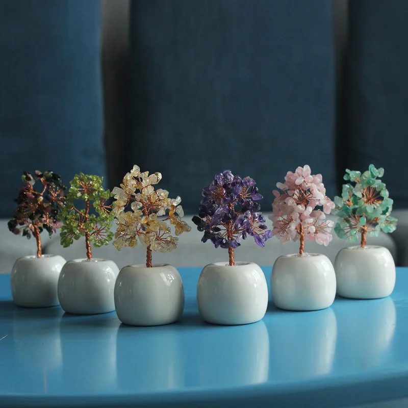 Rose Quartz Gemstone Healing Crystal Money Tree Copper Wire Wrapped on Natural Rose Quartz Base Ornament Feng Shui Luck Figurine