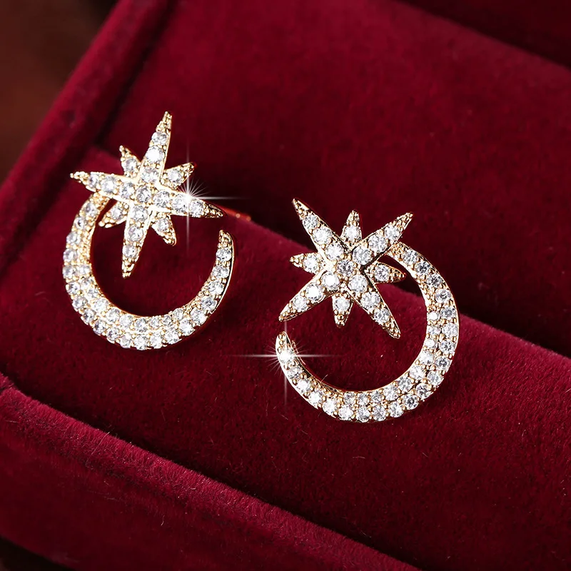
Hot sale fashion star moon full diamond creative ladies earrings small fresh zircon ear studs jewelry 