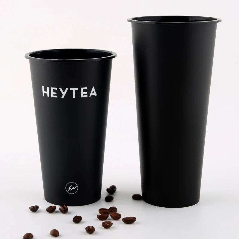 Custom Printed logo Coffee Boba Cups Vasos Plastic Para Personalizacion Black Unique Cup with Handle Lid and Straw