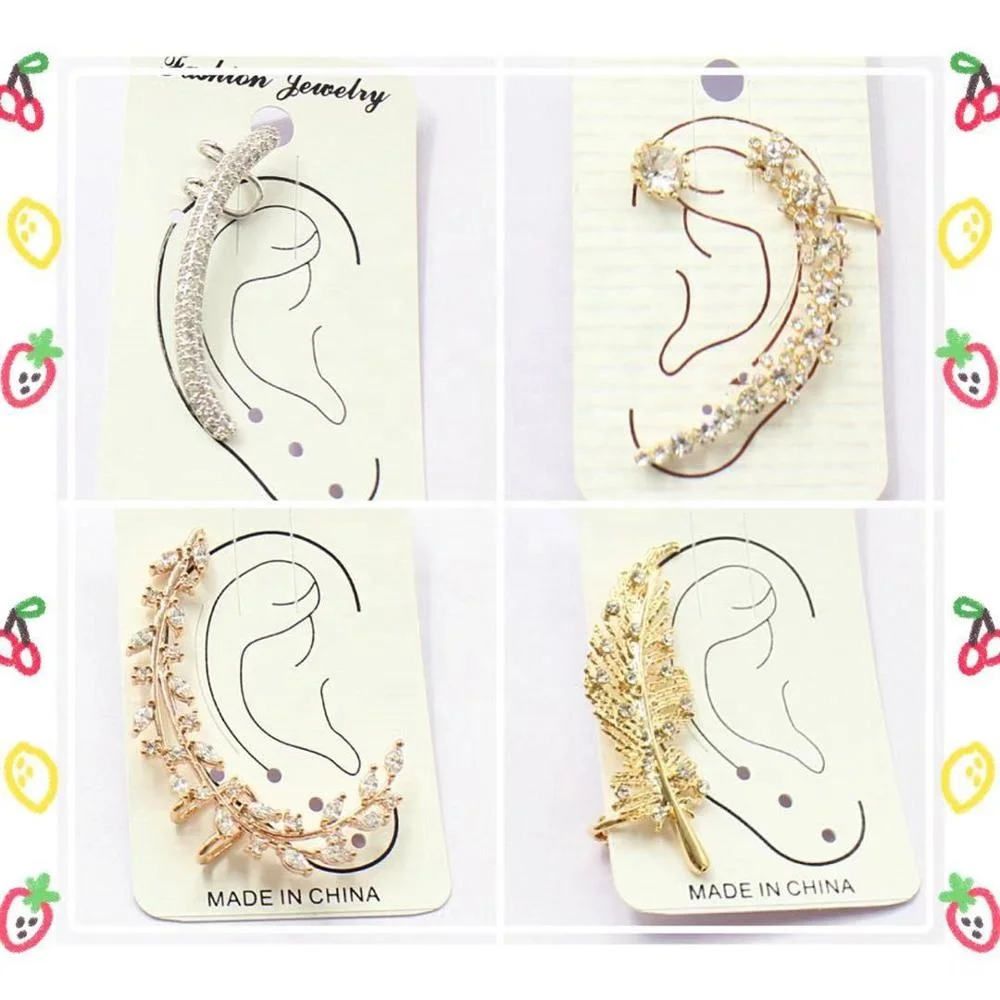 
Fashion Women Multi Crystal Rhinestone Feather Ear Clip Non Piercing Earrings 